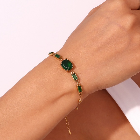 18K Gold Plated Green Emerald Cubic Zirconia Bracelet*Waterproof*Tarnish Free* - Picture 4 of 9